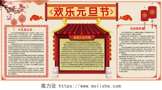 米色几何复古中国风快乐元旦节展板欢乐元旦宣传栏